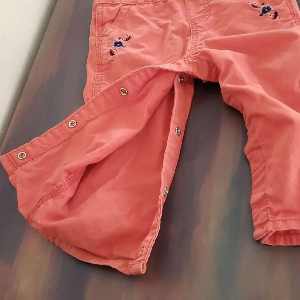 Oshkosh B'gosh Coral Overalls - Embroidered Floral Accents Braided Straps Sz 18M